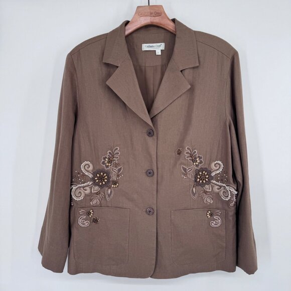 Coldwater Creek Embroidered Beaded Floral linen Jacket Size Large brown pockets - Picture 5 of 11